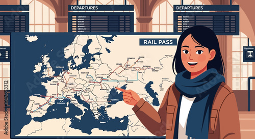 Woman Planning European Trip With Rail Pass In Vintage Train Station