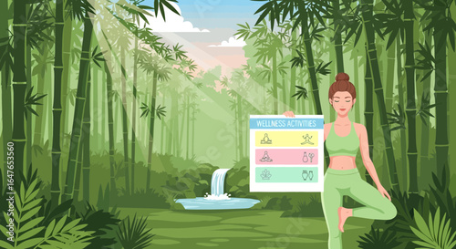 Woman Practicing Yoga Tree Pose In Serene Bamboo Forest For Wellness Retreat