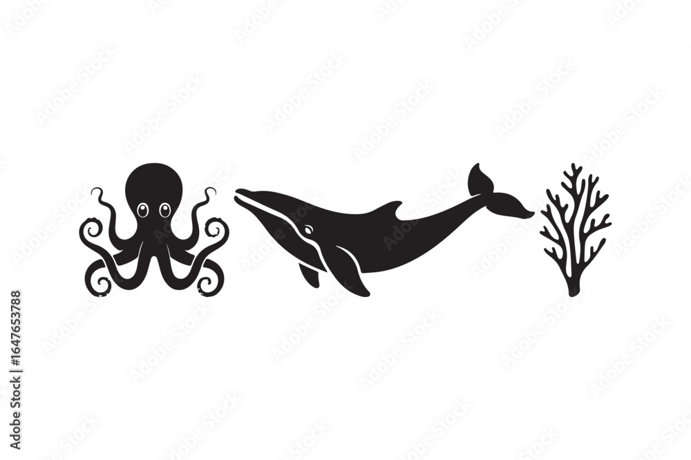Fototapeta premium Silhouette of an octopus whale and coral against a white background