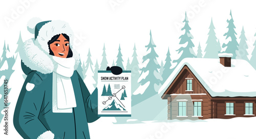 Woman Presents Snow Activity Plan Near Cozy Cabin in Winter Landscape