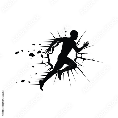 Powerful Silhouette of a Runner Breaking Through a Wall Speed Strength and Determination