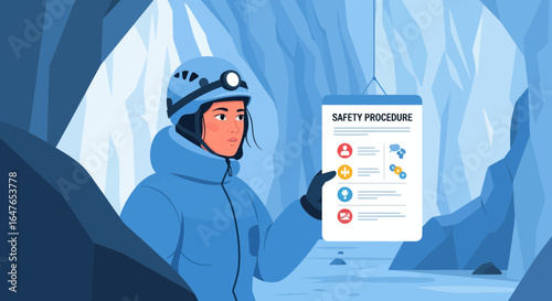 Woman Reading Safety Guidelines Inside a Blue Ice Cave Adventure