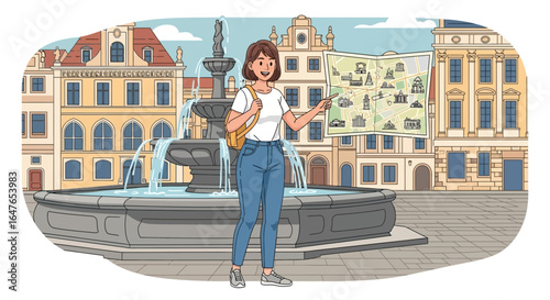 Woman With Map Planning Touristic Route in European City