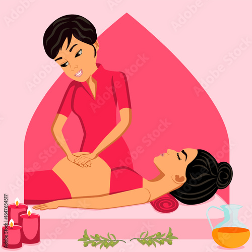Massage for pregnant woman. Therapy and treatment by professional therapist in SPA. Isolated flat vector illustration. Eastern ethnicity.