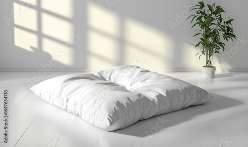 White floor cushion in sunlit room