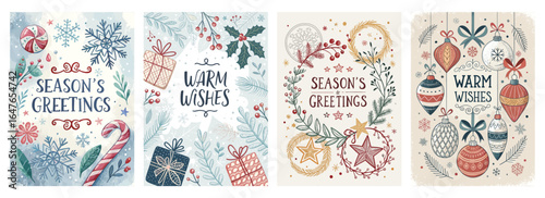 A collection of festive greeting cards featuring seasonal designs, including snowflakes and ornaments.