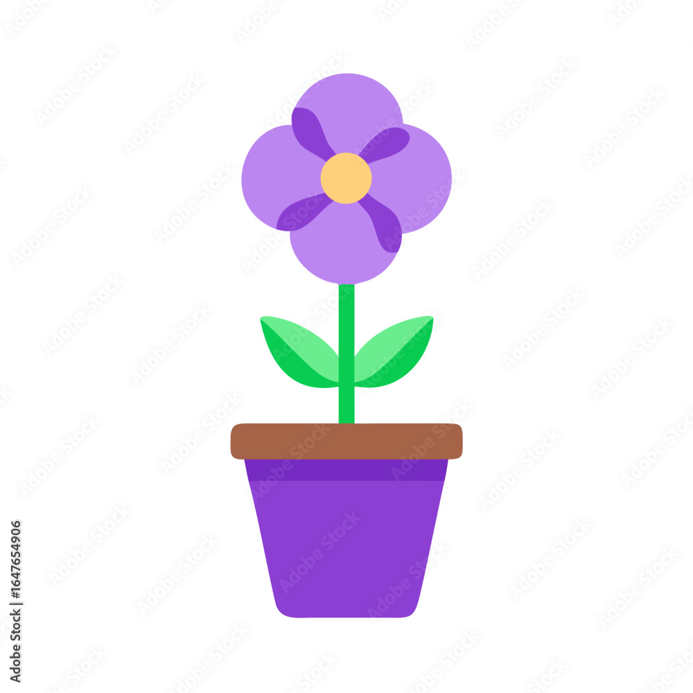 Naklejka premium Stylized purple flower in a pot with green leaves on a black background