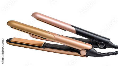 Three different colored hair straighteners are shown side by side