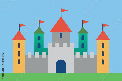flat design medieval castle with flags and towers