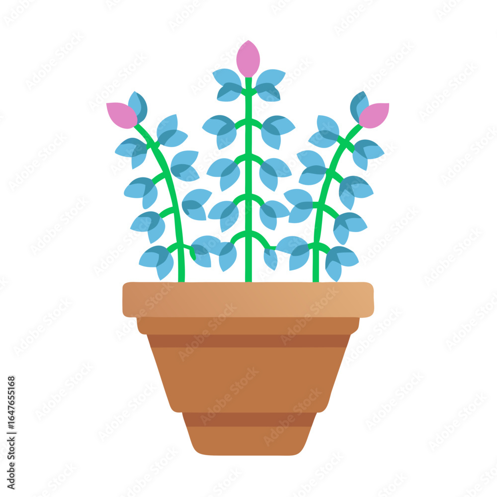 Obraz premium Stylized potted plant with blue leaves and pink buds on black background
