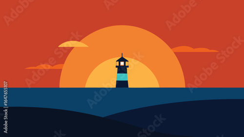 flat design ocean sunset with lighthouse silhouette