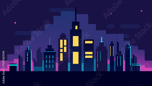 flat design night city skyline with glowing lights