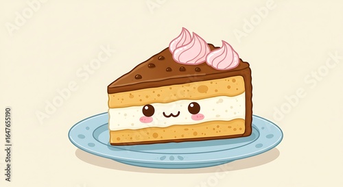 Cartoon cake slice with frosting on a plate dessert illustration