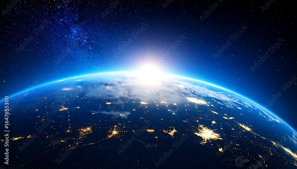 Obraz premium Spectacular view of planet Earth at night with city lights and sunrise from space