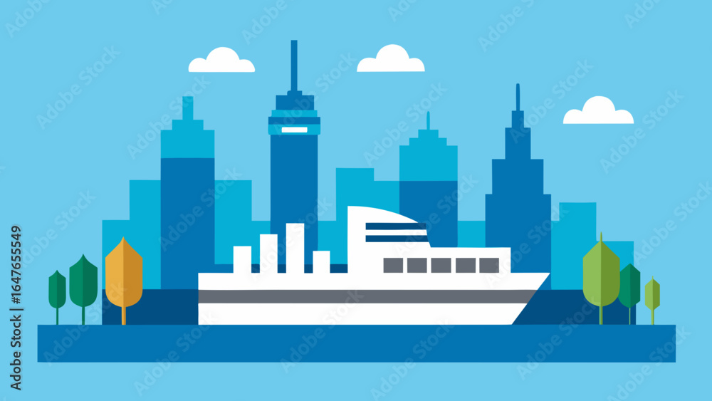 Obraz premium flat vector urban skyline ferries boats