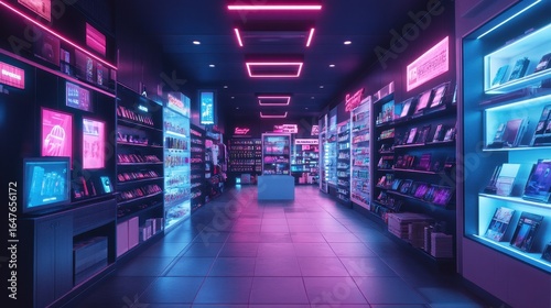Neon lit Cyberpunk Store Interior with Glowing Products