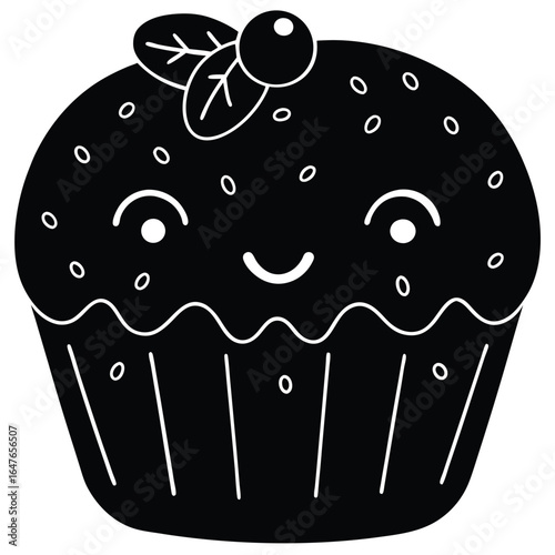 A cute vector illustration of a birthday cupcake with a cherry and delicious cream topping
