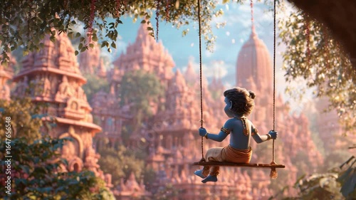 Cute Little Lord Krishna on Swing with Majestic Temple Background at Sunset