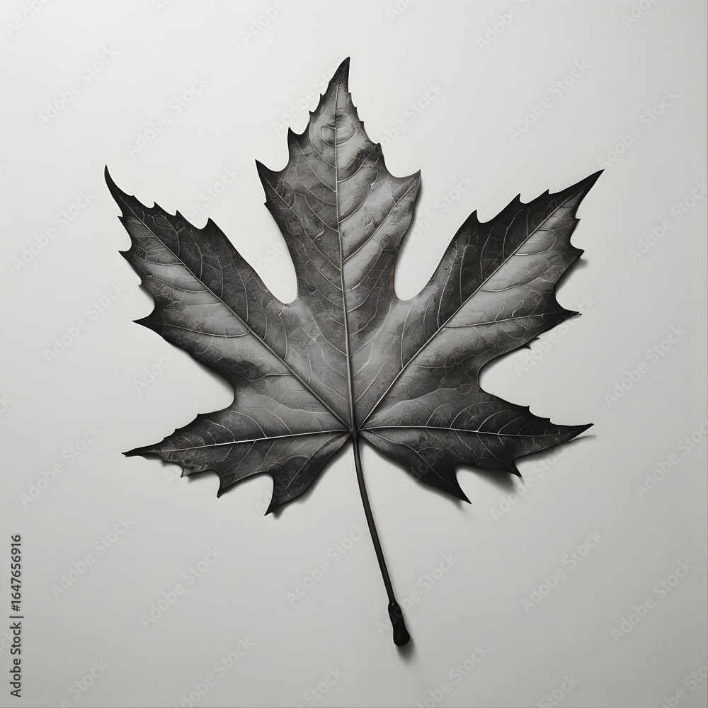 Naklejka premium Black and White Maple Leaf with Detailed Veins on Light Background