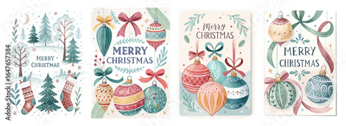 Festive Christmas greeting cards with vibrant illustrations of trees, ornaments, and holiday motifs.