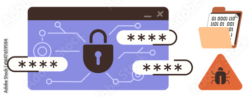 Secure lock on digital interface with passwords, binary data file, and malware alert. Ideal for online security, data protection, encryption, malware defense, privacy, cybersecurity education simple