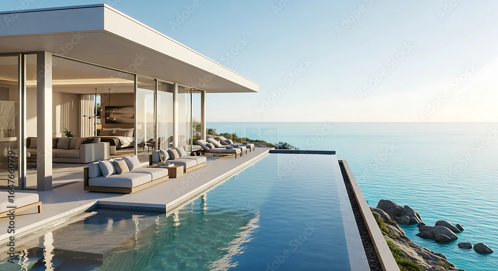 Fototapeta premium Luxurious villa with an infinity pool overlooking the ocean, showcasing modern architecture and design for a tropical vacation