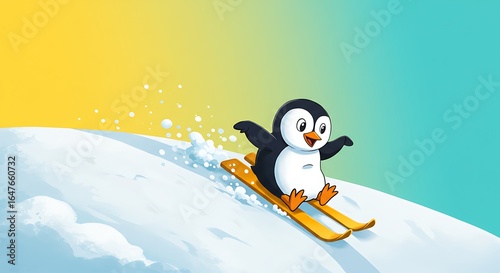Penguin skiing downhill on sunny slope cartoon illustration graphic