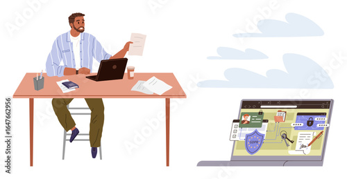 Man working at desk holding paper while a laptop showcases cybersecurity concepts thumbs up shield, lock, and user authentication. Ideal for business, technology, online safety, remote work, data