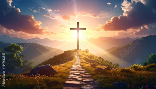 Mountaintop cross at sunrise