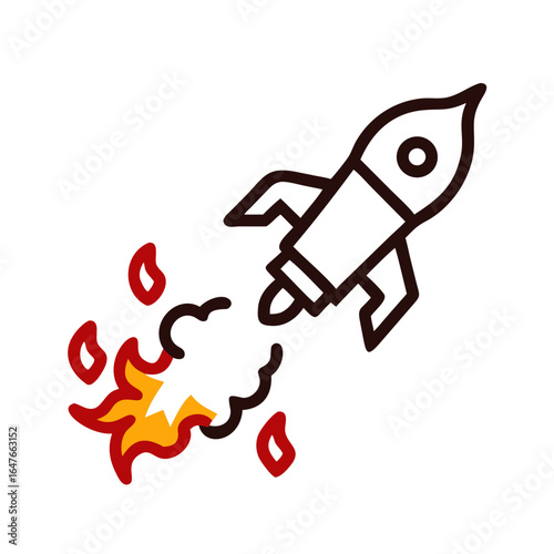 Stylized cartoon rocket launching with flames and smoke trail behind it