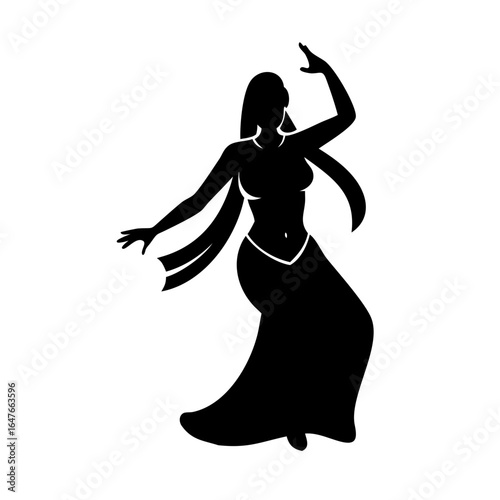 Silhouette of a woman performing belly dance with flowing shawl in black