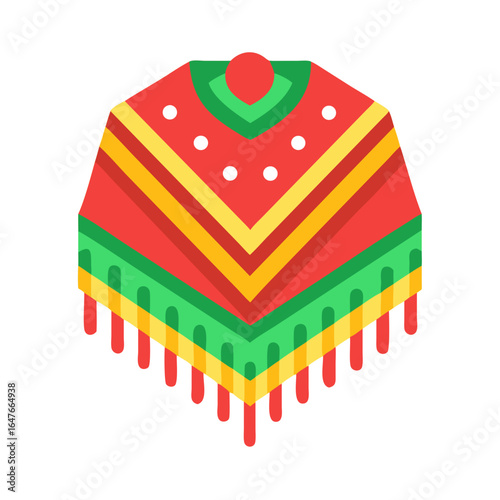 Colorful Mexican Poncho with Stripes and Fringes on a White Background