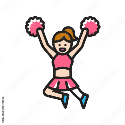 Cartoon cheerleader with pom poms jumping high in the air icon