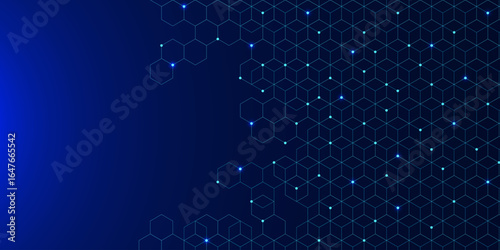 Futuristic hexagons pattern on dark blue background. Molecular structure, genetic research, chemical engineering. Suitable for medicine, science and technology