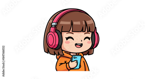 Happy young girl enjoying music with headphones and smartphone, isolated cartoon character vector illustration