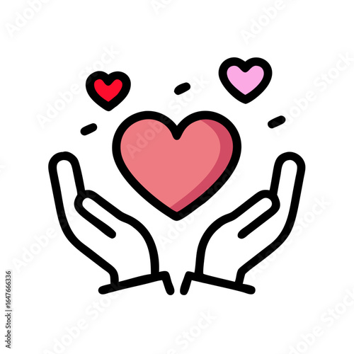 Icon showing love and support with gentle hands and floating hearts