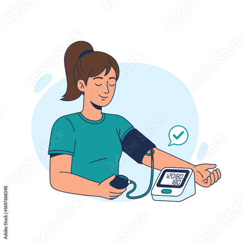 Woman with normal blood pressure monitoring her health, healthy lifestyle vector set