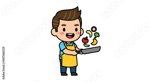 Vector illustration of a cheerful young man in an apron cooking, a happy home chef character tossing vegetables in a frying pan.
