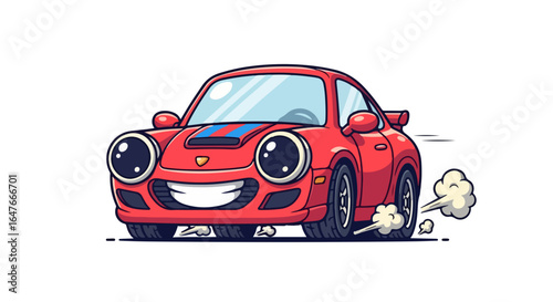 Happy red cartoon sports car character speeding forward, an isolated automotive mascot vector. A fun racing vehicle illustration for MOBIL2.svg concept.