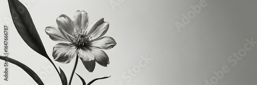 Black and White Flower with Leaves on Minimalist Gradient Background