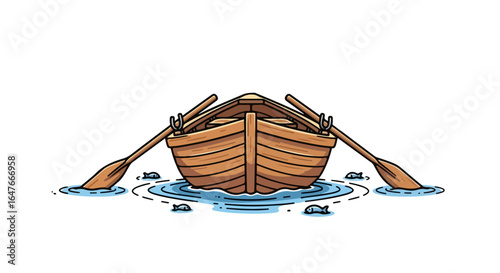 Vintage wooden rowboat with oars on the water, an isolated traditional sampan style vector illustration.