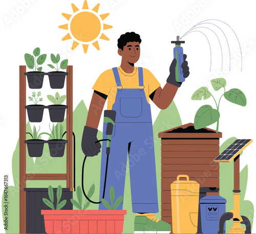 A friendly cartoon gardener is watering plants with a watering can