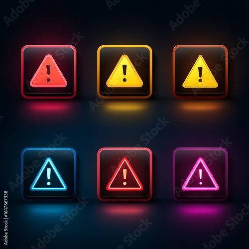 Free Download  Six glowing neon alert icons, in multiple vibrant colors, for a web interface against a black background - GFXLoad