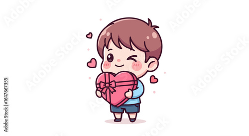 Cute Valentine VECTOR Illustration of a Boy Holding a Heart-Shaped Gift Box