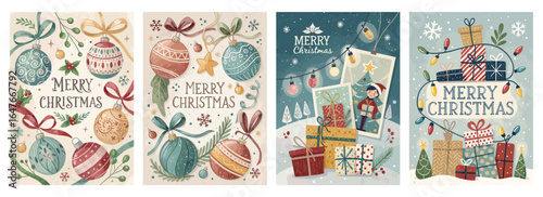 Festive collection of colorful Christmas-themed illustrations featuring ornaments, gifts, and a cheerful elf.
