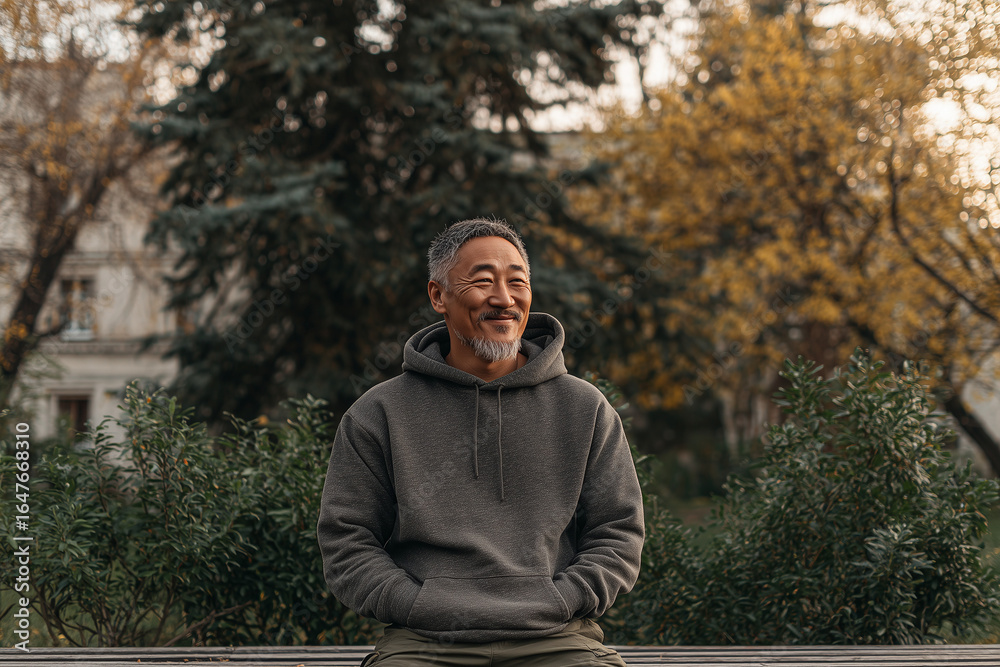 Fototapeta premium Sweatshirt mockup | Elderly Asian man sitting on bench in park wearing dark gray hoodie with autumn trees in background | Casual outdoor lifestyle scene | Apparel branding or design showcase