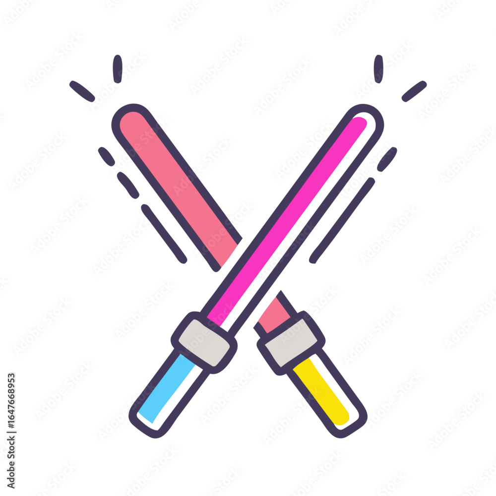 Obraz premium Two crossed cartoon light sabers with bright colors and a white backdrop