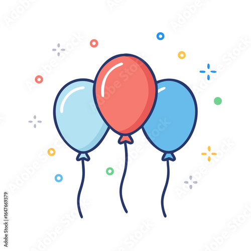 Colorful party balloons floating in air with confetti for celebrations