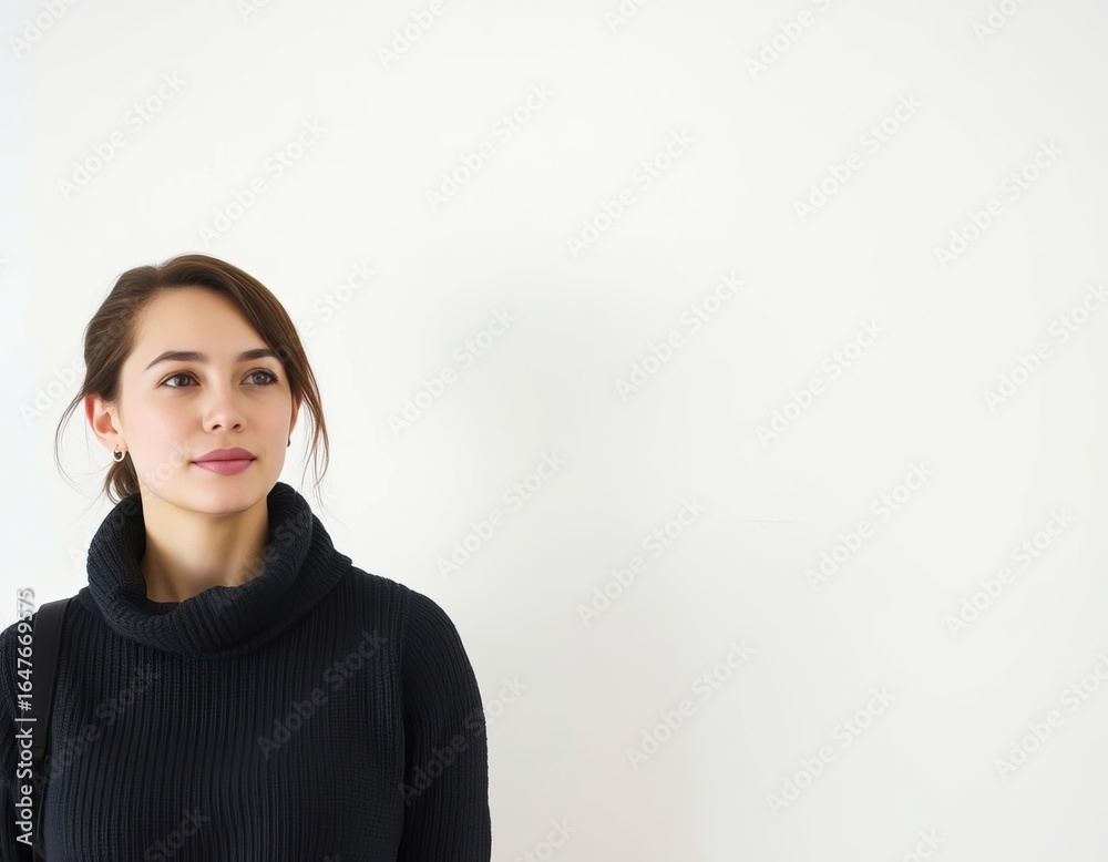 Fototapeta premium Portrait of a woman in a black turtleneck looking upward 