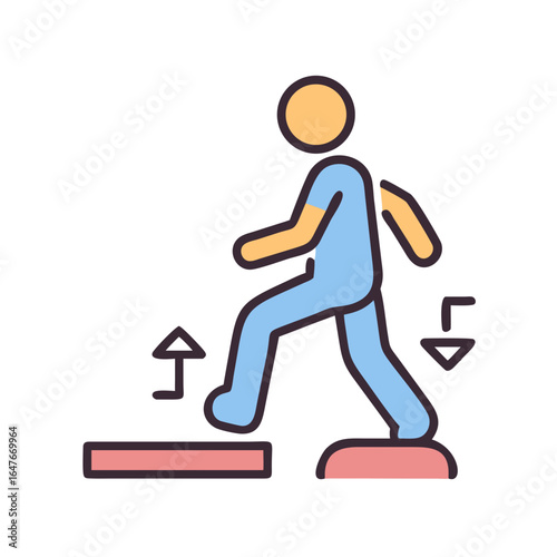 Representation of a person stepping up and stepping down some elevated platforms